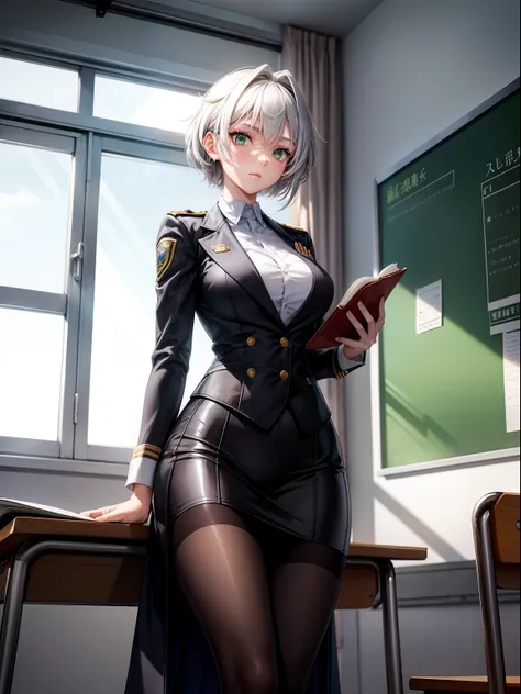 Tia is shown to have a fairly slender figure. She has short white-grey hair and large pale green eyes  student wearing a female student uniform sits in the classroom with an open book and a set of pens in front of her, UHD, more detail, full body, High qua...