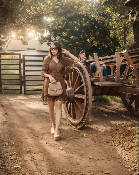 there is a woman standing next to a wooden cart with a horse drawn carriage, wearing in a summer dress, in lace brown dress, 🤬 🤮 💕 🎀, at a park, in a park, outfit photo, posing, full body photogenic shot, wearing an elegant tribal outfit, photoshoot, shot ...