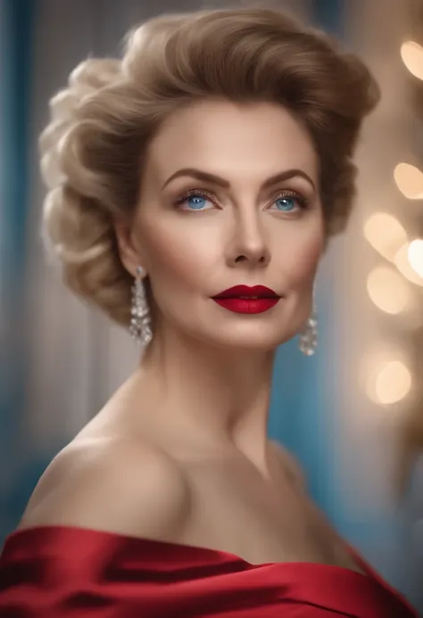 (best quality, 4k), portrait of a middle-aged woman, ballroom dress, pastel, light hair tied up and lifted, emphasis on eyes, blue eyes, full red lips, decollete area, natural lighting