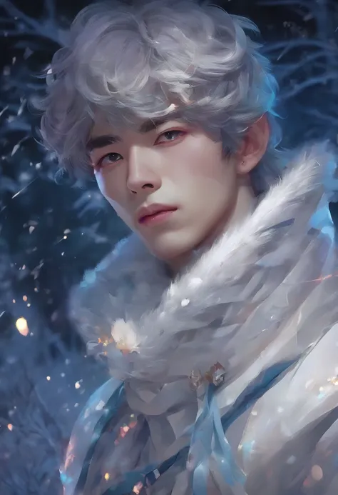 Winter lights, winter setting, Masterpiece, Young Korean idol boy in Focous shot, Korean male,Full body size, Christmas theme, With gray eyes, Vertical pupils, forest, whaite hair, Cold look, Lightweight, modern clothing, Pale skin, colorgrading, Lighting ...