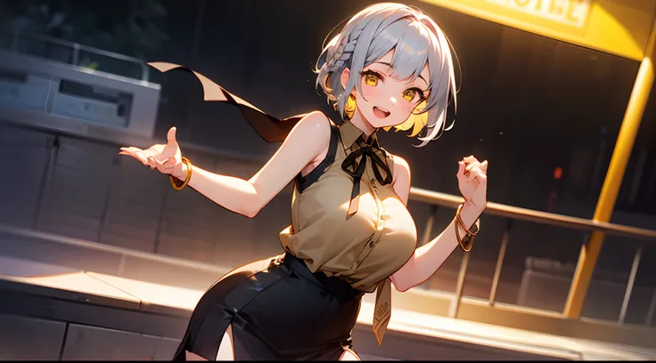 1 girl, game CG, brown sleeveless shirt, short slit skirt, neck ribbon, bangles, gigantic breasts, silver hair, short hair, french braid, yellow eyes, smile, open mouth, one hand raised, school, outdoor,