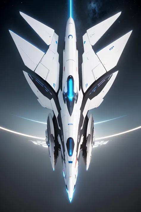 Futuristic fighter, Slick design, a streamlined shape, Maneuverability, high-speed fuselage colorwhite, Exudes a sense of futuristic technology, Equipped with energy weapons and laser cannons, The background is outer space, Panoramic view from directly abo...