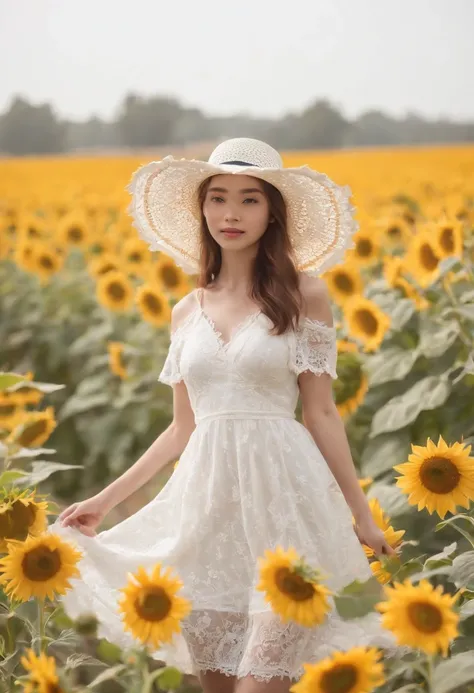 Fuwa Love Car,1girll,Solo, (White lace dress:1.2),floating dress (sunhat:1.2), Sunflower field, Under the sunlight, Light smile,view the viewer, Wind, Dynamic, Strong light and shadow,Dynamic pose,