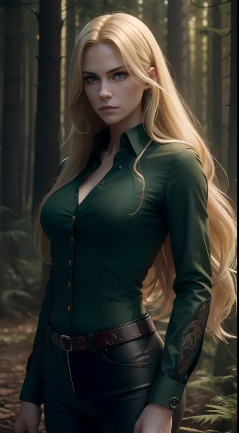 Photorealistic Image of Gorgeous British Vampire Mercenary Woman with Proportional Body, (Long Flowing Blonde Hair), Pale Skin, Serious Face, (Dark Green Loose Button Shirt and Black Tight Long Pants), (Pine Forest at Night), Centered, Waist-up Shot, From ...