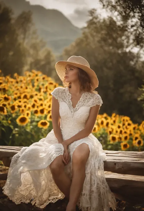 Fuwa Love Car,1girll,Solo, (White lace dress:1.2),floating dress (sunhat:1.2), Sunflower field, Under the sunlight, Light smile,view the viewer, Wind, Dynamic, Strong light and shadow,Dynamic pose,