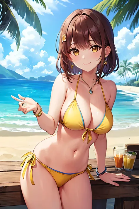 ​masterpiece、top-quality、hight resolution、tropical summer、(2nd place swimsuit:1.3)、(yellow bikini:1.3),1girl in、breastsout、独奏、a ...