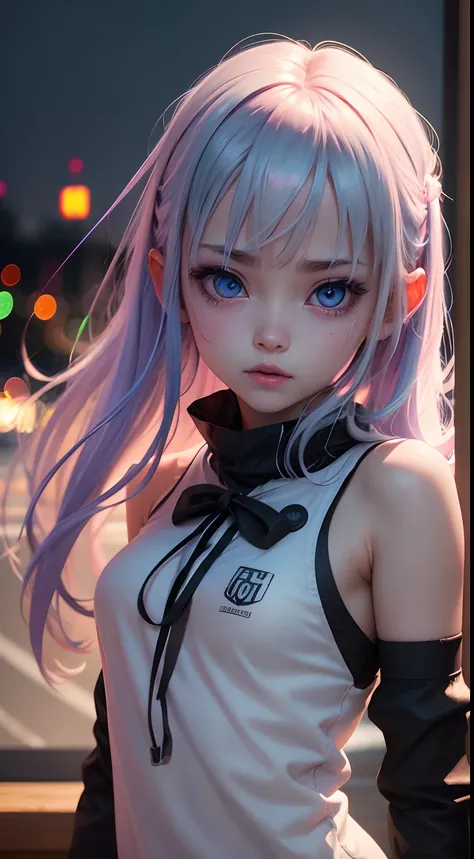 Anime,Ahegao,loli,ultra hd,masterpiece, best quality, 8k, 15yo, teen, raw photo, absurdres, award winning portrait, solo, night, neon, idol face, violaceaess, gardeniass, upper body, DSLR, looking at viewer, candid, sophisticated, youthful, professional li...