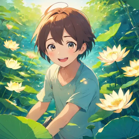 Best Picture Quality，Cute anime little boy，Mouth open，laughing very happily，Laugh heartily among the lotus bushes，Department of Healing，Sky blue sky with turquoise lotus leaves