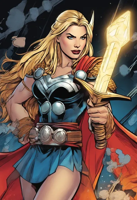 (best quality,4k,8k,highres,masterpiece:1.2),ultra-detailed,realistic Traditional comic pop art a waifu female thor with the Mjölnir thors hammer electric current