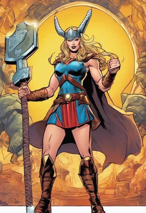 (best quality,4k,8k,highres,masterpiece:1.2),ultra-detailed,realistic Traditional comic pop art a waifu female thor with the Mjölnir thors hammer electric current