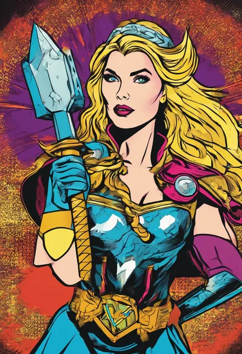 (best quality,4k,8k,highres,masterpiece:1.2),ultra-detailed,realistic Traditional comic pop art a waifu female thor with the Mjölnir thors hammer electric current