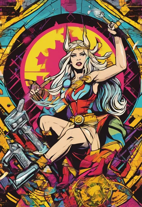 (best quality,4k,8k,highres,masterpiece:1.2),ultra-detailed,realistic Traditional comic pop art a waifu female thor with the Mjölnir thors hammer electric current