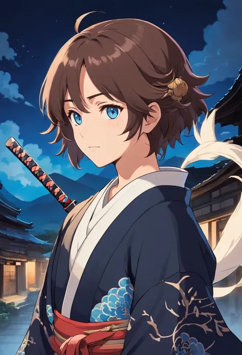 wearing a  black wave pattern kimono with haori over the top, Make sure the man is brown with blue eyes, brown middle part hair, and that the clip art has a crisp white background in high definition, ((male)) katana at waist in japanese village at night