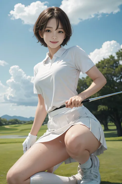 、smile full of happiness、((nearly naked:1.3))、nearly naked、、lawn、sweating、is standing、short-hair、eye glass、1girll，golf player，fa...