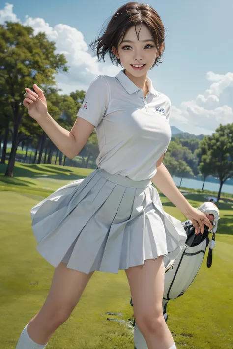 、smile full of happiness、((nearly naked:1.3))、nearly naked、、lawn、sweating、is standing、short-hair、eye glass、1girll，golf player，fa...