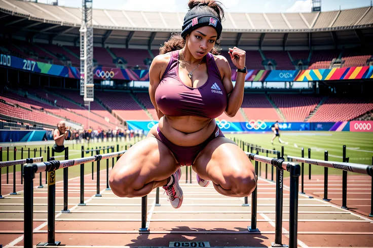 black athlete performing 110 meter hurdles event at the olympic stadium, exposed (huge erect futanari genitalia), (naked crotch) saggy breast, plump body, olympic stadium is sold-out, add_detail:1, olympic event , stunning image, underboobs, (((cropped tan...