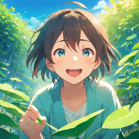 Best Picture Quality，Cute anime little boy，Mouth open，laughing very happily，The eyes are lively and focused，Laugh heartily among the lotus bushes，Department of Healing，Sky blue sky with turquoise lotus leaves