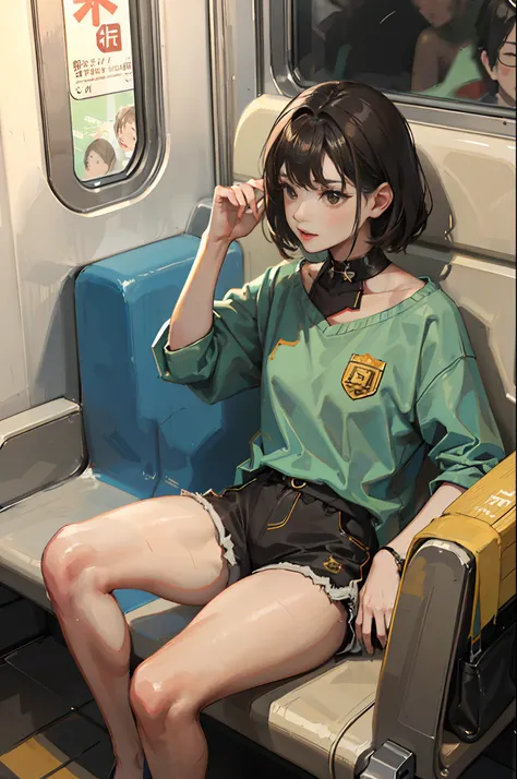 brownish colors,Muchimuchi,thick thight,On the train,sitting on,独奏,short pants,A dark-haired,Real 1.5,frontage,asian human