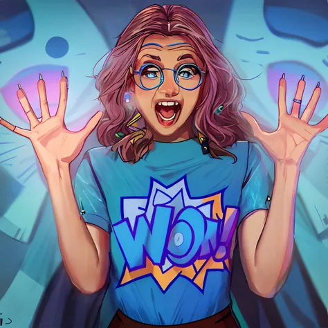 arafed woman with glasses and a blue shirt with a wow sign, wow!, wow, she wears harry potter glasses, very wow, much wow, cute woman, nerdy appearance, surprised expression, cartoon look, girl wearing round glasses, graphic tees, expressive surprised expr...