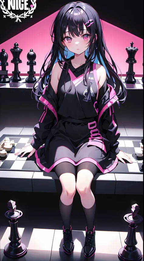 1girl, black pink hair, black background, looking at viewer, chess board, chess pieces