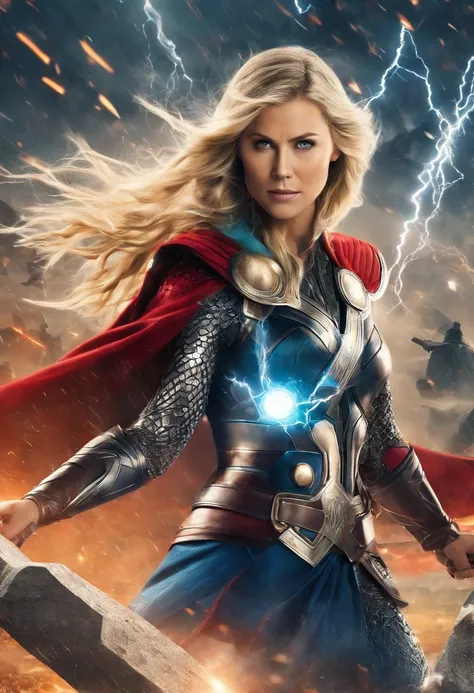 (best quality,4k,8k,highres,masterpiece:1.2),ultra-detailed,realistic montage of many scenes a waifu female thor with the Mjölnir thors hammer electric current