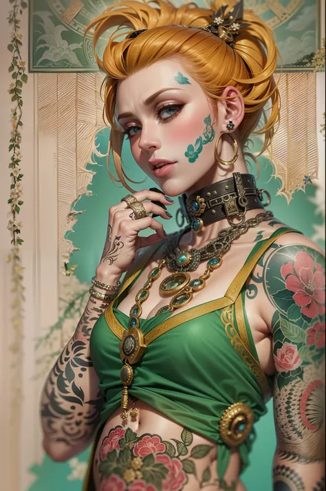 Punk-Rococo-tattoo-ukiyo-e style. Selfies of some very beautiful young Nordic women. They dress in an urban style, with a choker, Chains, Thick rings, Colorful hairstyles and improved military uniforms with colorful patches. They are located in the park ne...