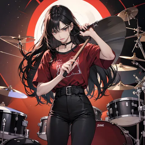 (Best Quality,4K,hight resolution), An 18-year-old woman，Band Background，drum，drummer, Red mesh color on black hair, length hair，straight haired，Cool Woman，sharp eye，glares,Sleepy face,Delicately drawn illustrations，realistic representation，Music Studio Ba...