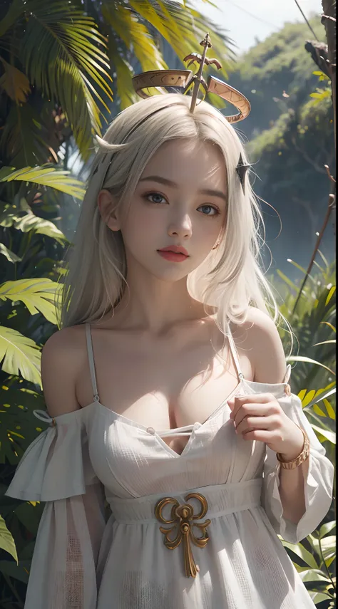 one-girl，Off-the-shoulder attire，The shoulder straps slip off，camisole，the original god，Paimon，Be red in the face，Close-up shot，sportrait，looks into camera，ssmile，White clothes，mediuml breasts，jungles，grassy fields，