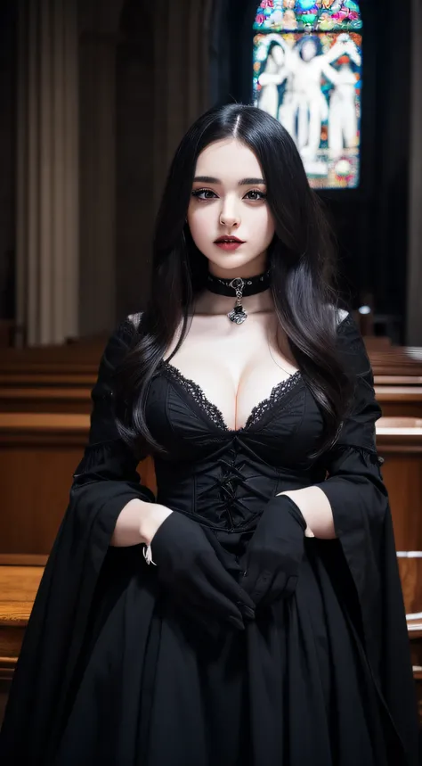 Gothic lolita、Arm Spread Pose、Ahegao、｟Skin revealing｠、Breasts、crisp image、absolutely outstanding image, very extremely beautiful、​masterpiece, top-quality,a picture, kawaii、｟Colossal tits:1.2｠,8k、In the church of Gothic architecture