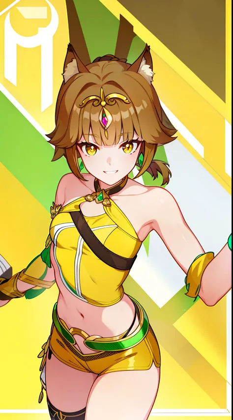 Young girl, short brown hair, high ponytail, heterochromya, green and yellow eyes, smile, cat ears, yellow tight sleeveless form, tight shorts, diadem, gold elements, She-Ra, Masterpiece, hiquality, 4k, HD, Good detail