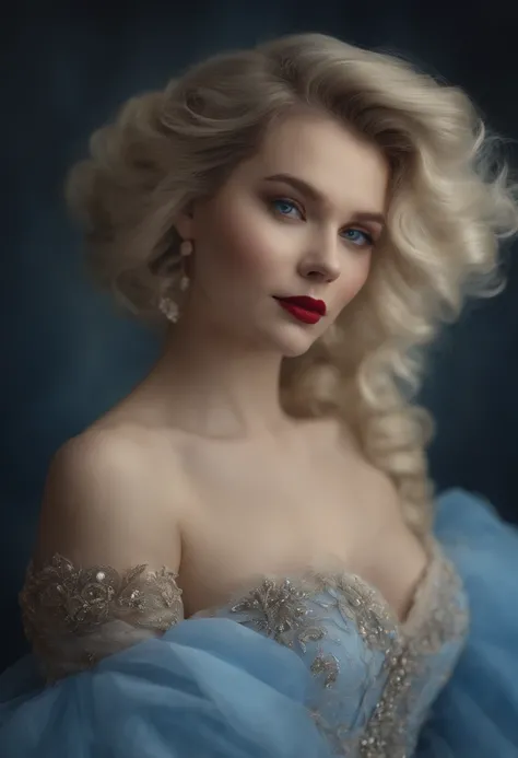 portrait of a woman of balzac age, ball gown, pastel, blonde hair gathered and lifted up, accent on the eyes, blue, scarlet full lips, cleavage area, 4k quality, natural light