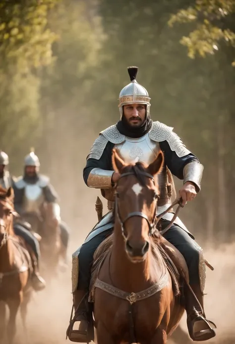 A Muslim warrior, leading a formidable army of men on horseback, creates a cinematic tableau of epic proportions., cinematography, photography taken with arri, photography taken with canon, photography taken with fuji, photography taken with kodak, incredi...