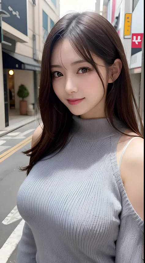 masutepiece, Best Quality, Photorealsitic, finely detail, hight resolution, 8K Wallpapers, Perfect dynamic composition, Beautiful detailed eyes, Medium Hair, large full breasts, Random and sexy poses,Random situations、(Tight gray knitwear)、(Breast bulge 1....