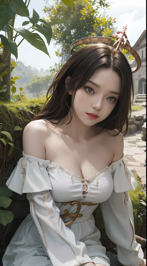 one-girl，Off-the-shoulder attire，The shoulder straps slip off，camisole，the original god，Paimon，Be red in the face，Close-up shot，sportrait，looks into camera，ssmile，White clothes，mediuml breasts，jungles，grassy fields，