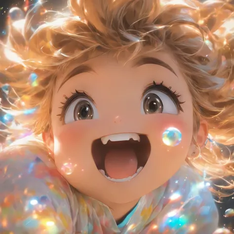 hyper photorealism, god light, Fuji colors, hyper HD, Super detail, 16k，head portrait，Slightly chubby Korean girl，laughing very happily，Ball head，hair adornments，light make-up，sideface