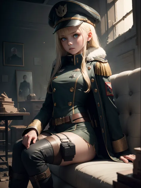 Destroyed towns,3 Ukrainian girls , Ukrainian anime girls , , Ukraine ,  Full body composition of young girl with messy bright blonde hair, eye make up, 13 year old,  Soft lighting, Solo, Old torn dirty shabby futuristic military uniform, badges, Pose, Blo...