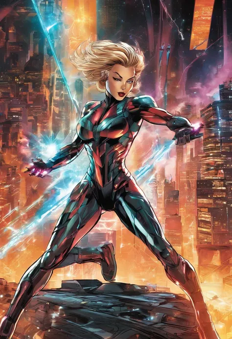 marvel comics,female ironwomen in suit,fully powered,large overwhelming electric current,high-tech suit,glowing eyes,metallic surface,energy pulsating,heroic pose,strong and confident,explosive power tags,action-packed scene,cityscape background,vibrant co...