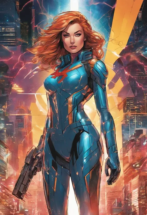 marvel comics,female ironwomen in suit,fully powered,large overwhelming electric current,high-tech suit,glowing eyes,metallic surface,energy pulsating,heroic pose,strong and confident,explosive power tags,action-packed scene,cityscape background,vibrant co...