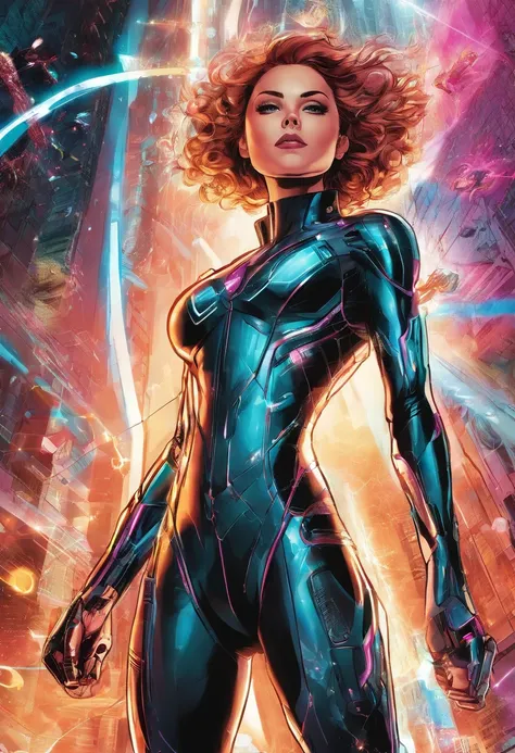 marvel comics,female ironwomen in suit,fully powered,large overwhelming electric current,high-tech suit,glowing eyes,metallic surface,energy pulsating,heroic pose,strong and confident,explosive power tags,action-packed scene,cityscape background,vibrant co...