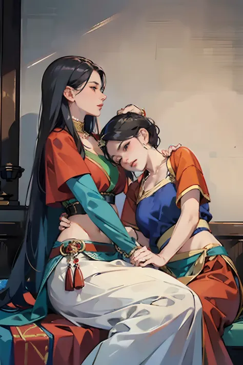 a couple of lesbians,Woman wearing red lehenga, sitting on lap of woman wearing blue harem costume, making out, aggressively,(realisticity: 1.2), best quality,