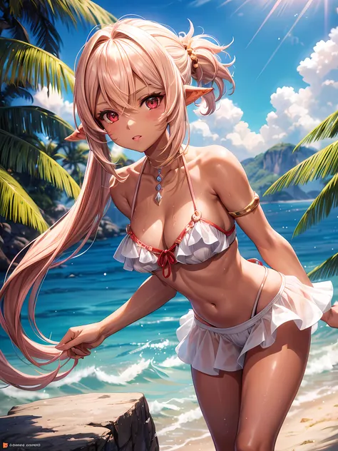 1girl, tanned skin, final fantasy 14 female raen Au Ra, short height, shoulder length sandy blonde hair with light pink highlights in ponytail, red eyes with yellow-orange glowing limbal rings, wearing pearl white bikini top, pearl white miniskirt, beach, ...