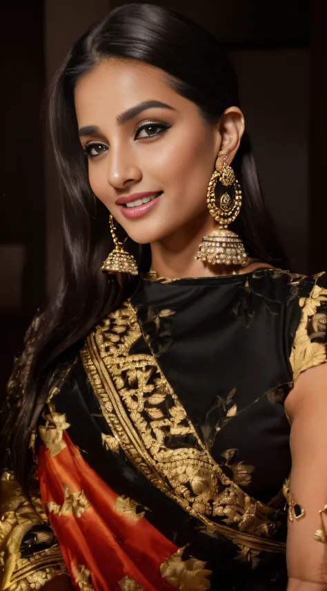 a close up of a woman wearing black top and earrings, traditional beauty, very extremely beautiful, with small studded earings, beautiful and graceful, portait photo profile picture, with lovely look, with a beautifull smile, extremely beautiful, huge earr...