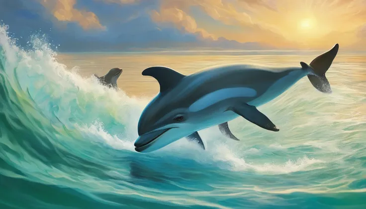 Best quality,Ultra-detailed,Realistic,pencil drawing,oceanography,aquatic creature,Dolphins,Sparkling waves,tranquil ambiance,Soft sunlight,Blue and green,Colorful marine life,Bend strokes,smooth shading,ocean scenery,Tranquil waters,breathtaking beauty,Ma...