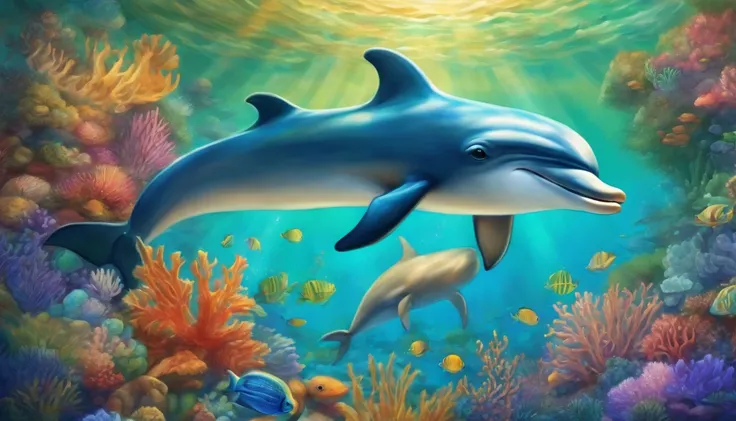 Best quality,Ultra-detailed,Realistic,pencil drawing,oceanography,aquatic creature,Dolphins,Sparkling waves,tranquil ambiance,Soft sunlight,Blue and green,Colorful marine life,Bend strokes,smooth shading,ocean scenery,Tranquil waters,breathtaking beauty,Ma...