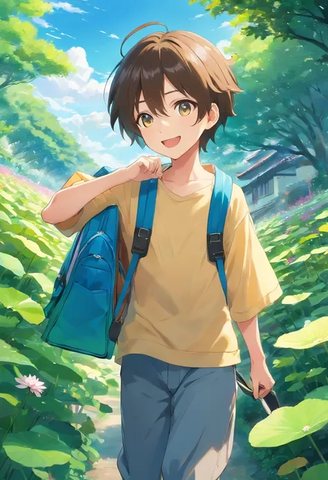 Cute anime boy，The eyes are smiling，Mouth open，laughing very happily，Laugh heartily among the lotus bushes，Carrying a small school bag，wearing a hanfu，Very healing，Blue sky, white clouds, green lotus leaves