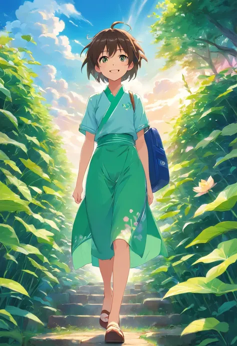 Cute anime boy，The eyes are smiling，Mouth open，laughing very happily，Laugh heartily among the lotus bushes，Carrying a small school bag，wearing a hanfu，Very healing，Blue sky, white clouds, green lotus leaves