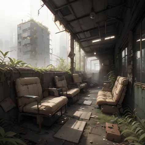 Shabby cyberpunk furniture，Set in the middle of overgrown weeds, A post-apocalyptic urban jungle, Natural reclamation, Overgrowth, resilience, Fusion, The beauty of decay, Recycled furniture, prime lens, Morning mist, 35mm focal length, Post-apocalyptic fu...