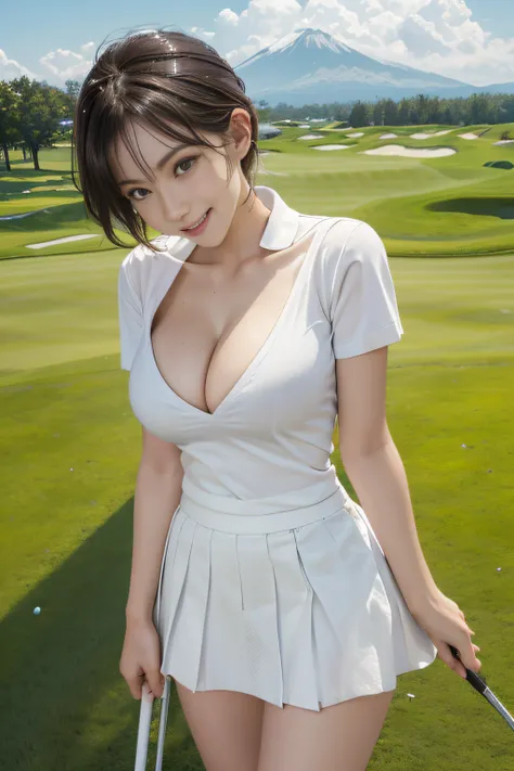 、Smile full of happiness、((nearly naked:1.3))、nearly naked、、lawn、Sweating、is standing、clong legs、thighs thighs thighs thighs、Sun visor、Medium Hair、cleavage of the breast、1girll，Golf Player，face perfect，crisp breasts, Convex buttocks,White Sport Short Sleev...