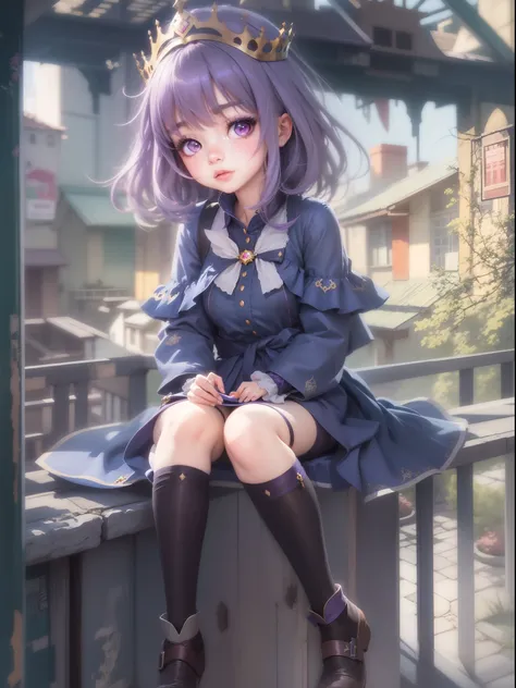 best qualit,tmasterpiece，beautifuldetails，exquisitedetails，Delicate lips，The details are complex，Realiy，Ultra photo realsisim,Anime girl sitting on the wall with purple dress and crown,anime moe art style, made with anime painter studio, High quality anime...