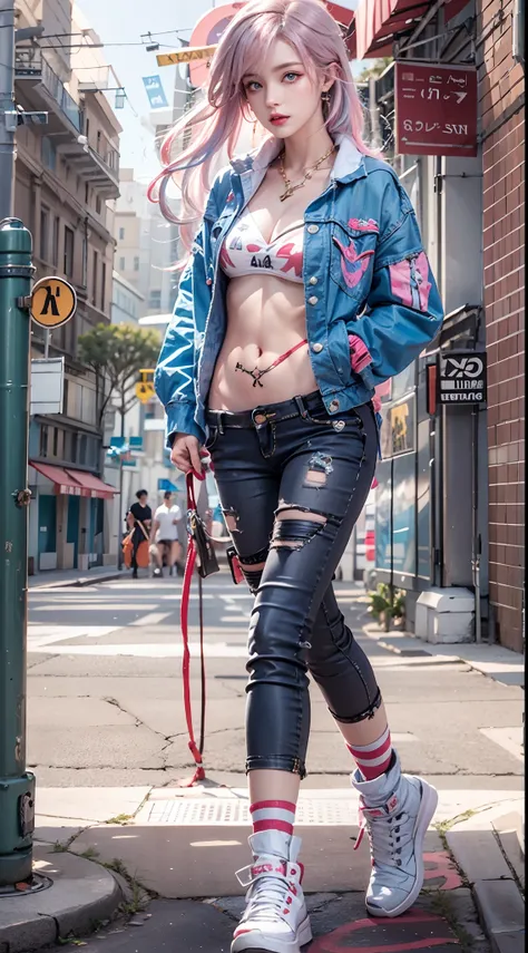 photorealistic, masterpiece, photorealistic, high resolution, soft light, hips up, blue eyes, pink hair, long hair, street wear, stylist outfit, thigh highs, jewelry, tattoo